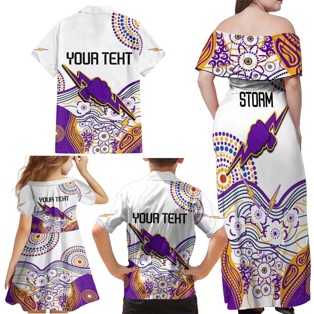 personalised-melbourne-storm-2023-family-matching-off-shoulder-maxi-dress-and-hawaiian-shirt-special-nrl-rugby-indeginous-aboriginal