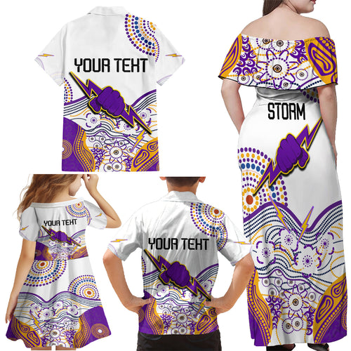 personalised-melbourne-storm-2023-family-matching-off-shoulder-maxi-dress-and-hawaiian-shirt-special-nrl-rugby-indeginous-aboriginal