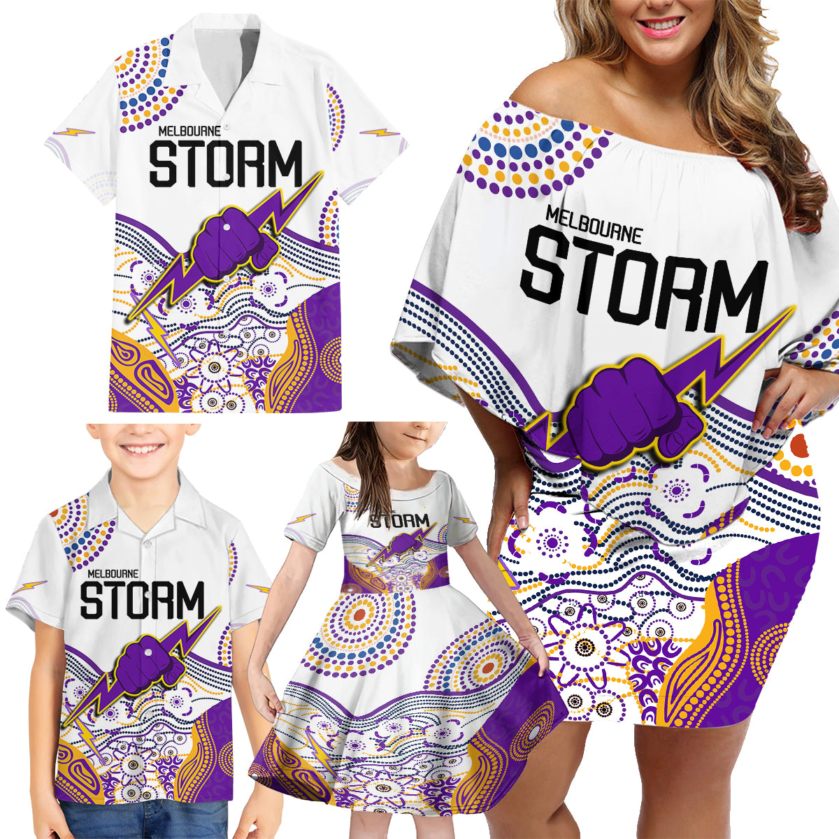 personalised-melbourne-storm-2023-family-matching-off-shoulder-short-dress-and-hawaiian-shirt-special-nrl-rugby-indeginous-aboriginal