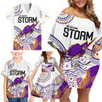 personalised-melbourne-storm-2023-family-matching-off-shoulder-short-dress-and-hawaiian-shirt-special-nrl-rugby-indeginous-aboriginal