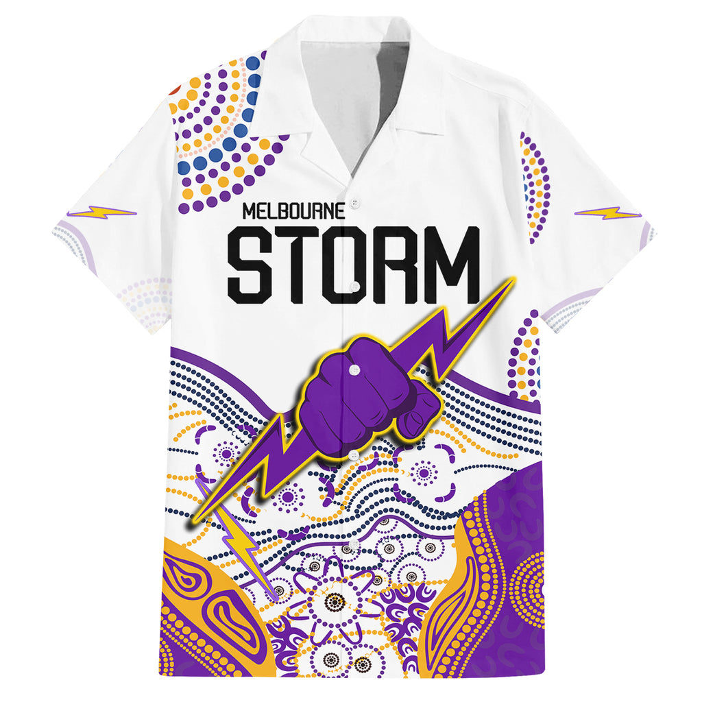 personalised-melbourne-storm-2023-family-matching-off-shoulder-short-dress-and-hawaiian-shirt-special-nrl-rugby-indeginous-aboriginal