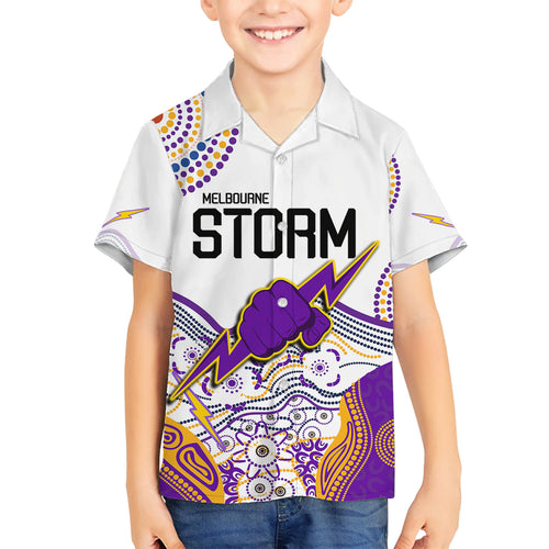personalised-melbourne-storm-2023-family-matching-off-shoulder-short-dress-and-hawaiian-shirt-special-nrl-rugby-indeginous-aboriginal