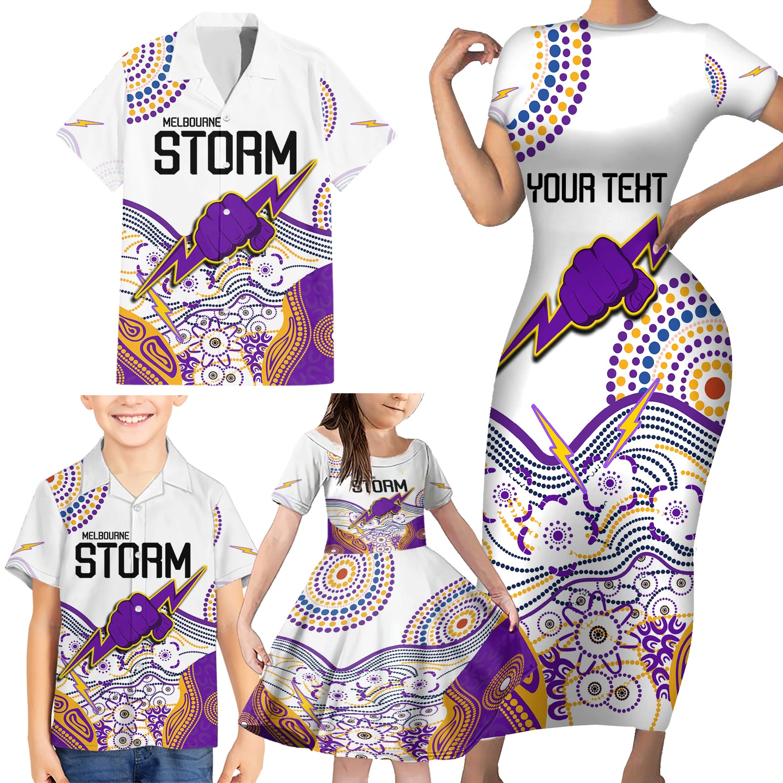 personalised-melbourne-storm-2023-family-matching-short-sleeve-bodycon-dress-and-hawaiian-shirt-special-nrl-rugby-indeginous-aboriginal