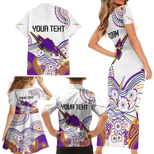personalised-melbourne-storm-2023-family-matching-short-sleeve-bodycon-dress-and-hawaiian-shirt-special-nrl-rugby-indeginous-aboriginal
