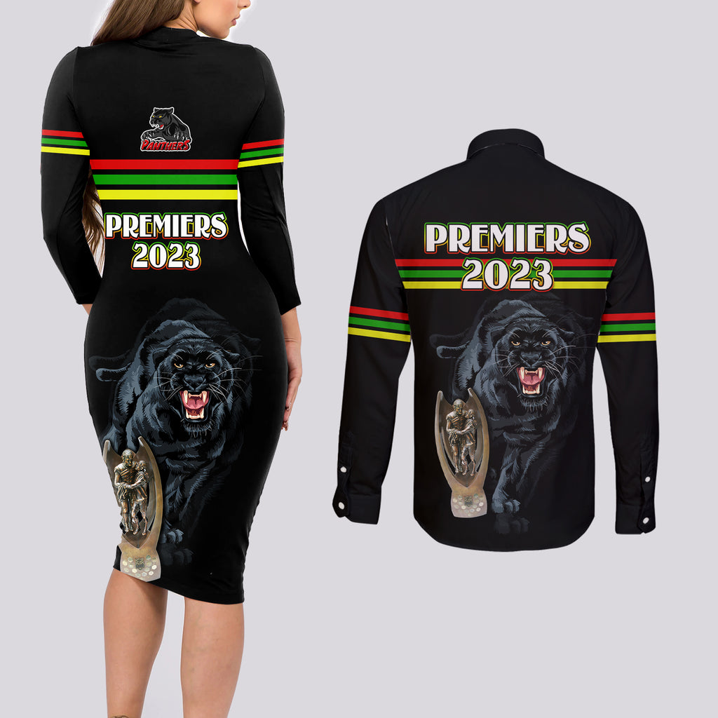 panther-premierships-couples-matching-long-sleeve-bodycon-dress-and-long-sleeve-button-shirts-go-champions-2023-black-simple-style