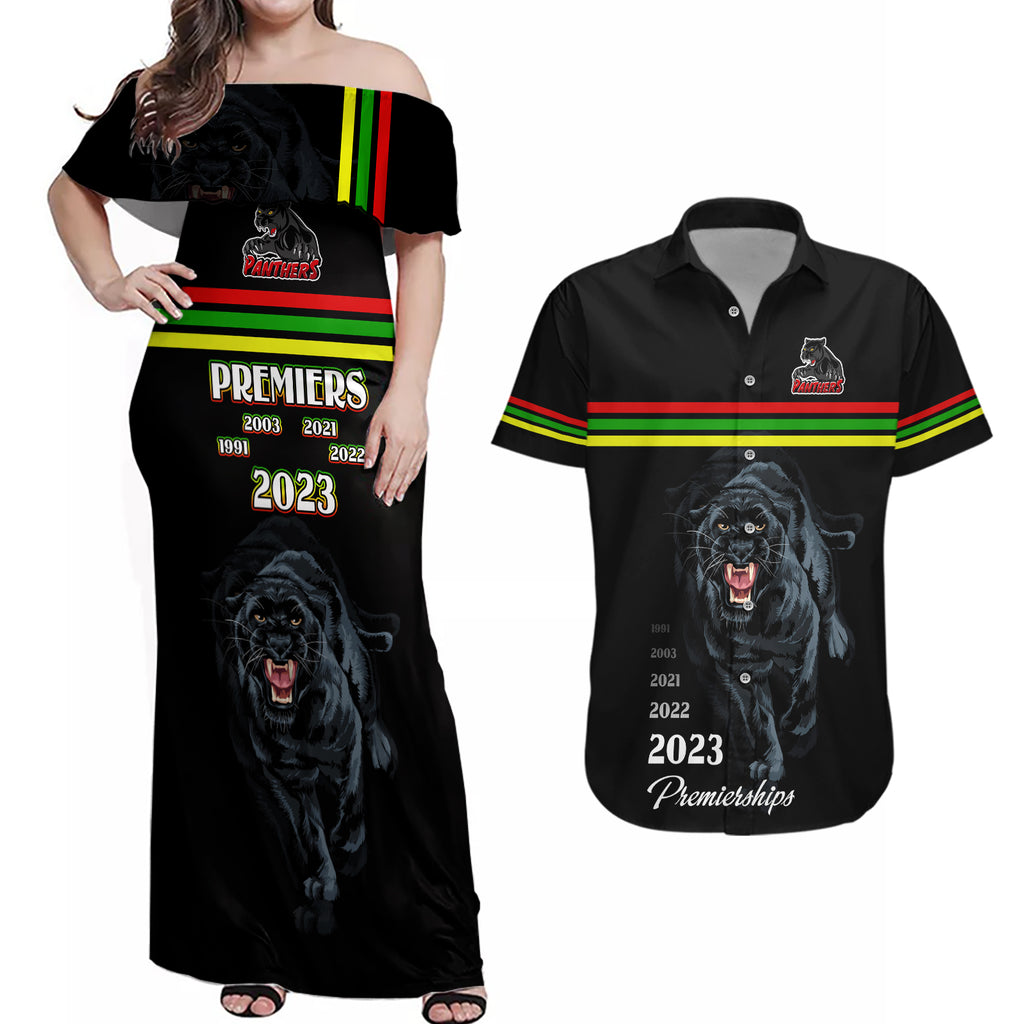 panther-premierships-couples-matching-off-shoulder-maxi-dress-and-hawaiian-shirt-go-champions-2023-black-simple-style