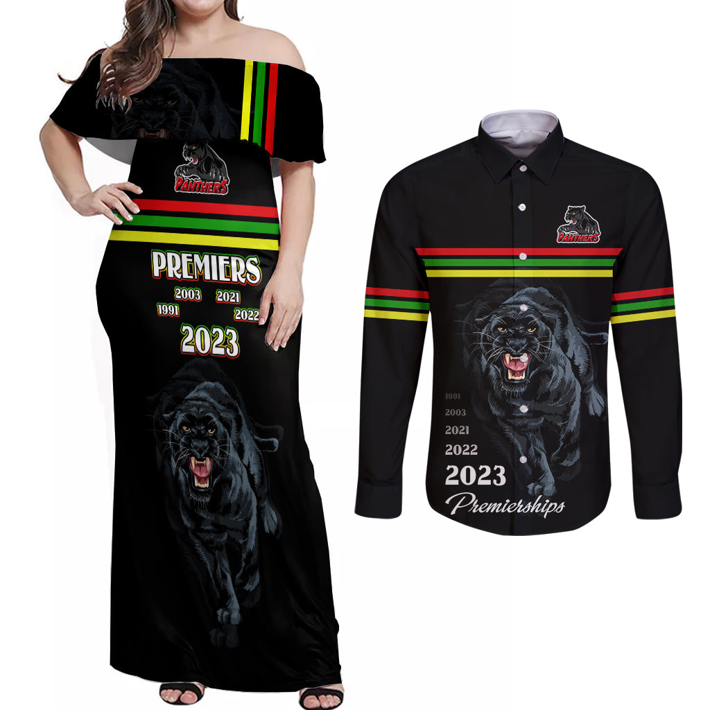 panther-premierships-couples-matching-off-shoulder-maxi-dress-and-long-sleeve-button-shirts-go-champions-2023-black-simple-style