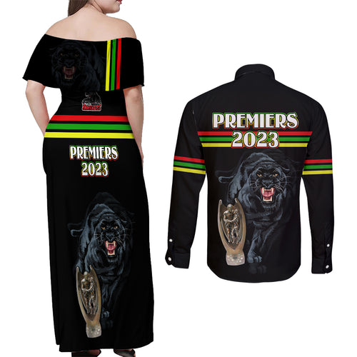 panther-premierships-couples-matching-off-shoulder-maxi-dress-and-long-sleeve-button-shirts-go-champions-2023-black-simple-style