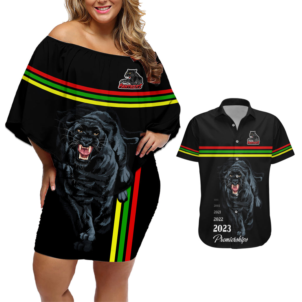 panther-premierships-couples-matching-off-shoulder-short-dress-and-hawaiian-shirt-go-champions-2023-black-simple-style