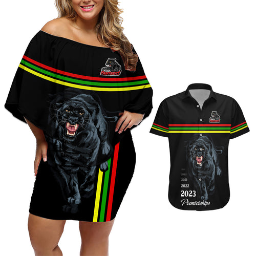 panther-premierships-couples-matching-off-shoulder-short-dress-and-hawaiian-shirt-go-champions-2023-black-simple-style