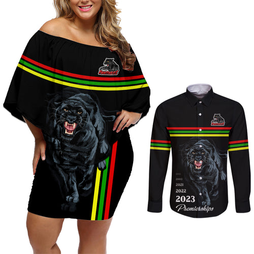 panther-premierships-couples-matching-off-shoulder-short-dress-and-long-sleeve-button-shirts-go-champions-2023-black-simple-style