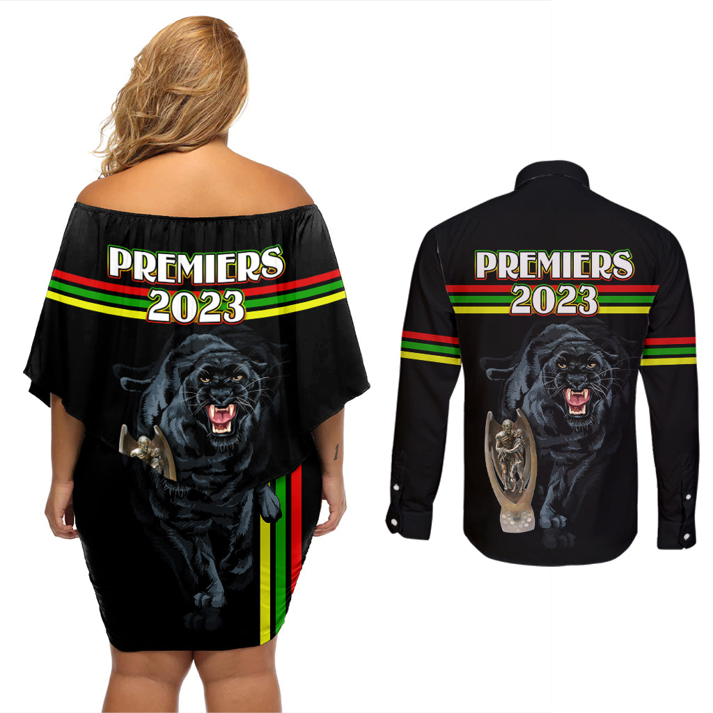 panther-premierships-couples-matching-off-shoulder-short-dress-and-long-sleeve-button-shirts-go-champions-2023-black-simple-style