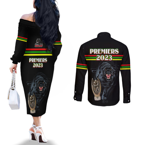 panther-premierships-couples-matching-off-the-shoulder-long-sleeve-dress-and-long-sleeve-button-shirts-go-champions-2023-black-simple-style