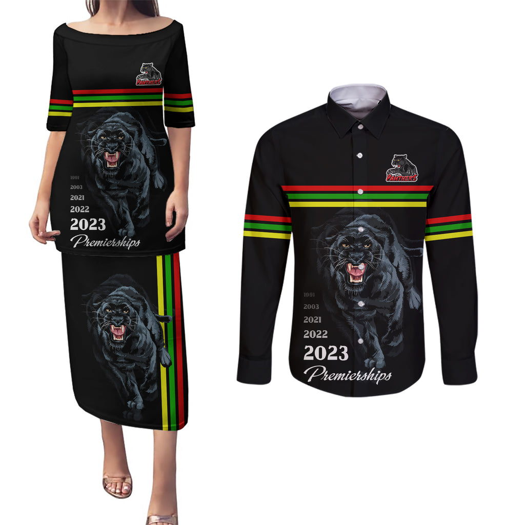 panther-premierships-couples-matching-puletasi-dress-and-long-sleeve-button-shirts-go-champions-2023-black-simple-style