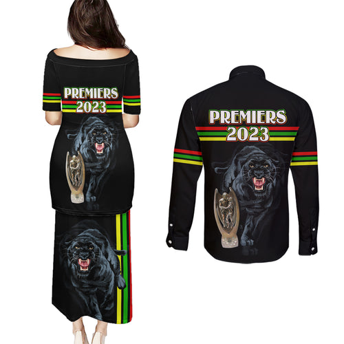 panther-premierships-couples-matching-puletasi-dress-and-long-sleeve-button-shirts-go-champions-2023-black-simple-style