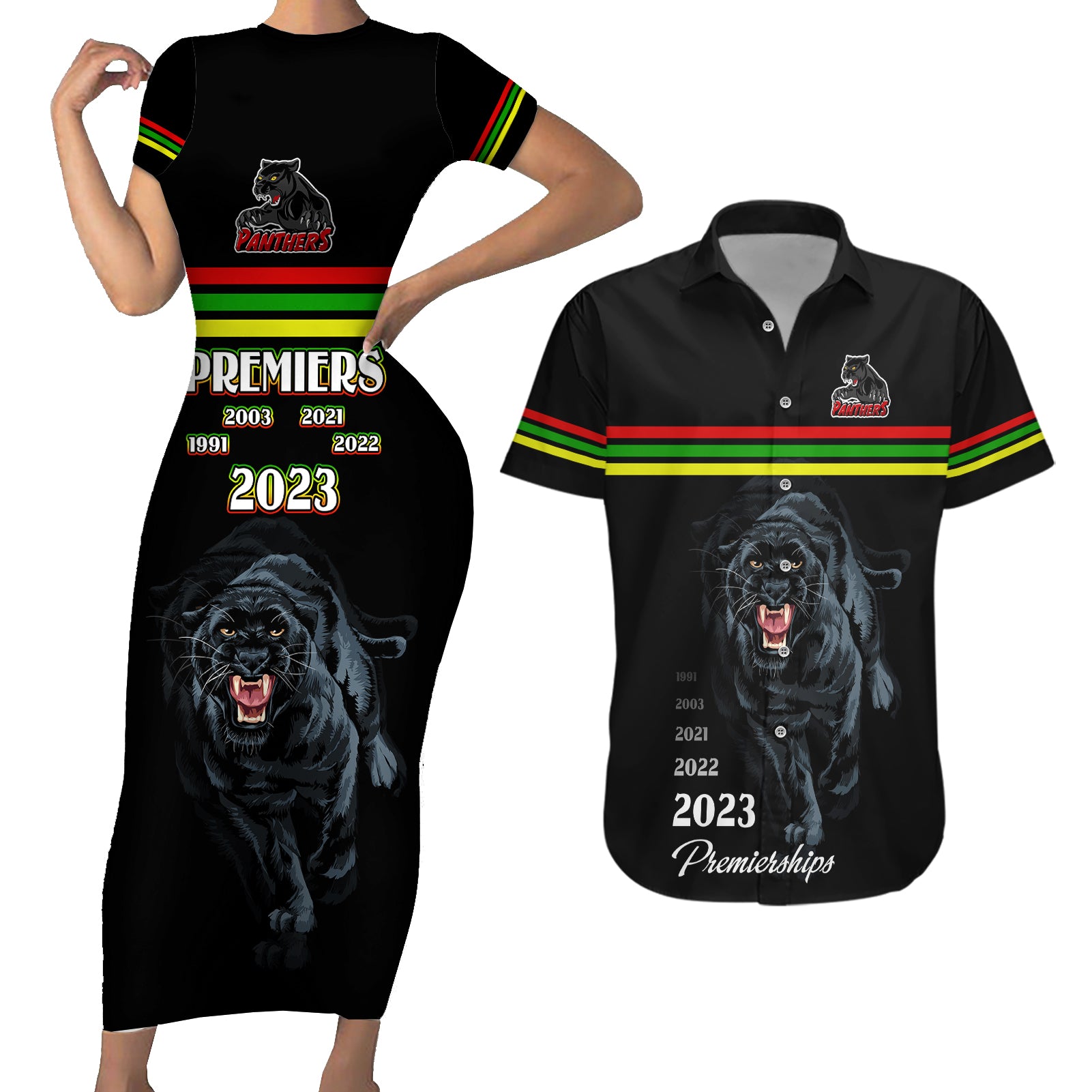 panther-premierships-couples-matching-short-sleeve-bodycon-dress-and-hawaiian-shirt-go-champions-2023-black-simple-style