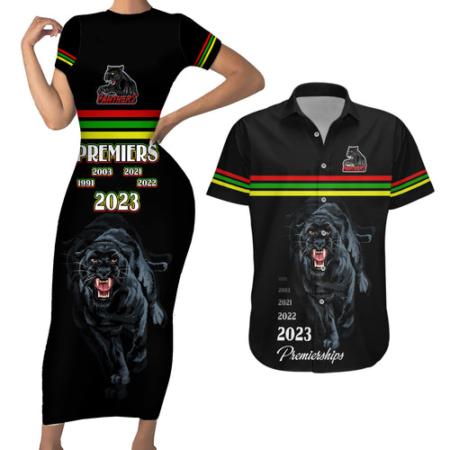 panther-premierships-couples-matching-short-sleeve-bodycon-dress-and-hawaiian-shirt-go-champions-2023-black-simple-style
