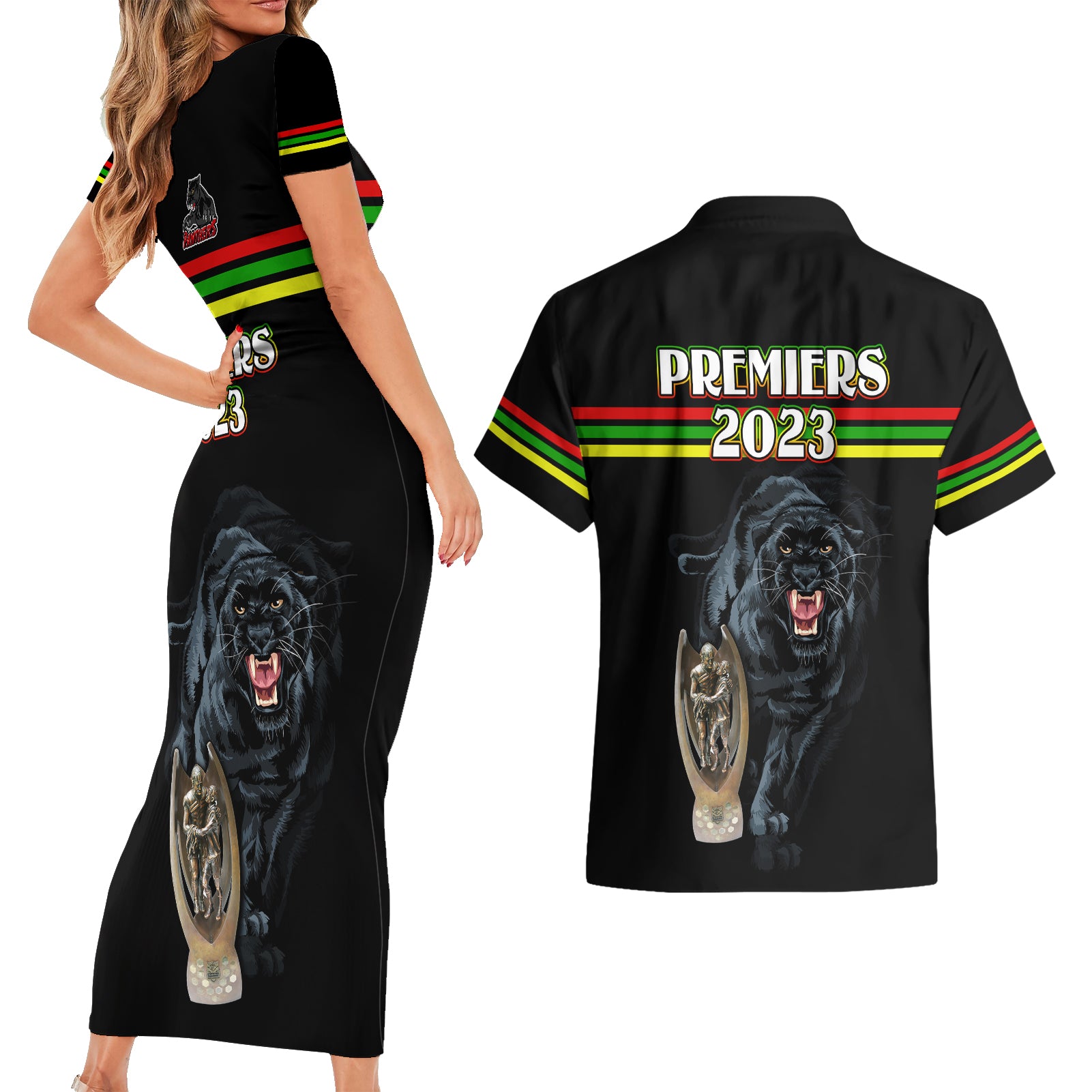 panther-premierships-couples-matching-short-sleeve-bodycon-dress-and-hawaiian-shirt-go-champions-2023-black-simple-style