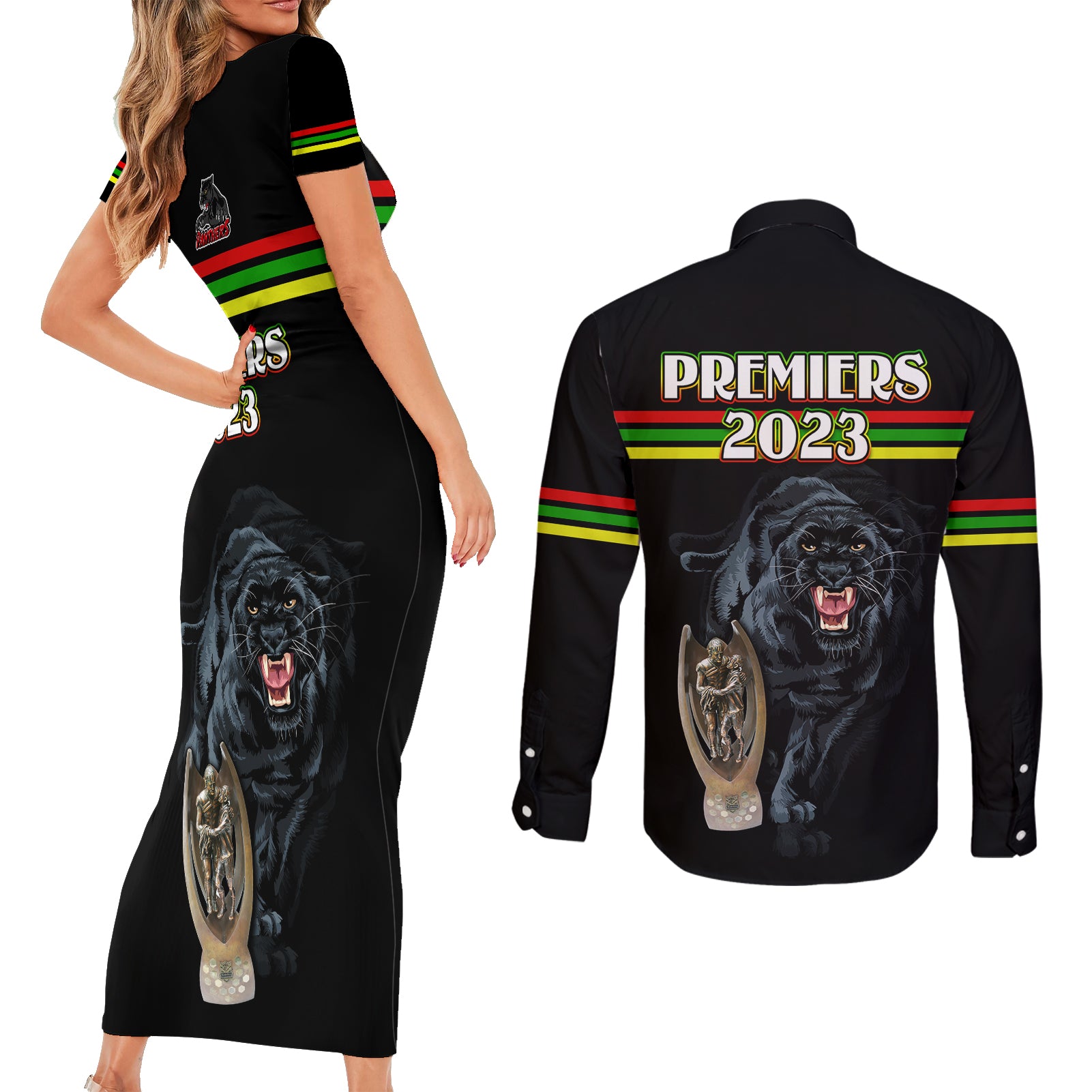panther-premierships-couples-matching-short-sleeve-bodycon-dress-and-long-sleeve-button-shirts-go-champions-2023-black-simple-style