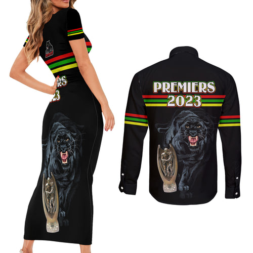 panther-premierships-couples-matching-short-sleeve-bodycon-dress-and-long-sleeve-button-shirts-go-champions-2023-black-simple-style