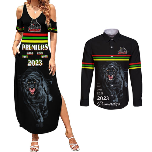 panther-premierships-couples-matching-summer-maxi-dress-and-long-sleeve-button-shirts-go-champions-2023-black-simple-style
