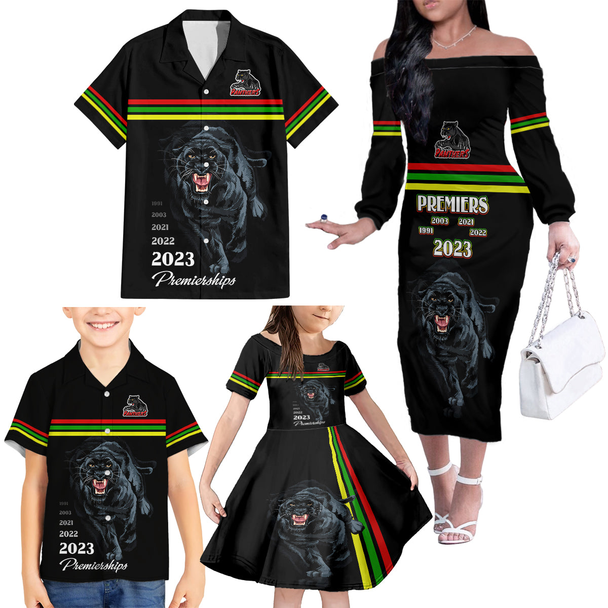 panther-premierships-family-matching-off-shoulder-long-sleeve-dress-and-hawaiian-shirt-go-champions-2023-black-simple-style
