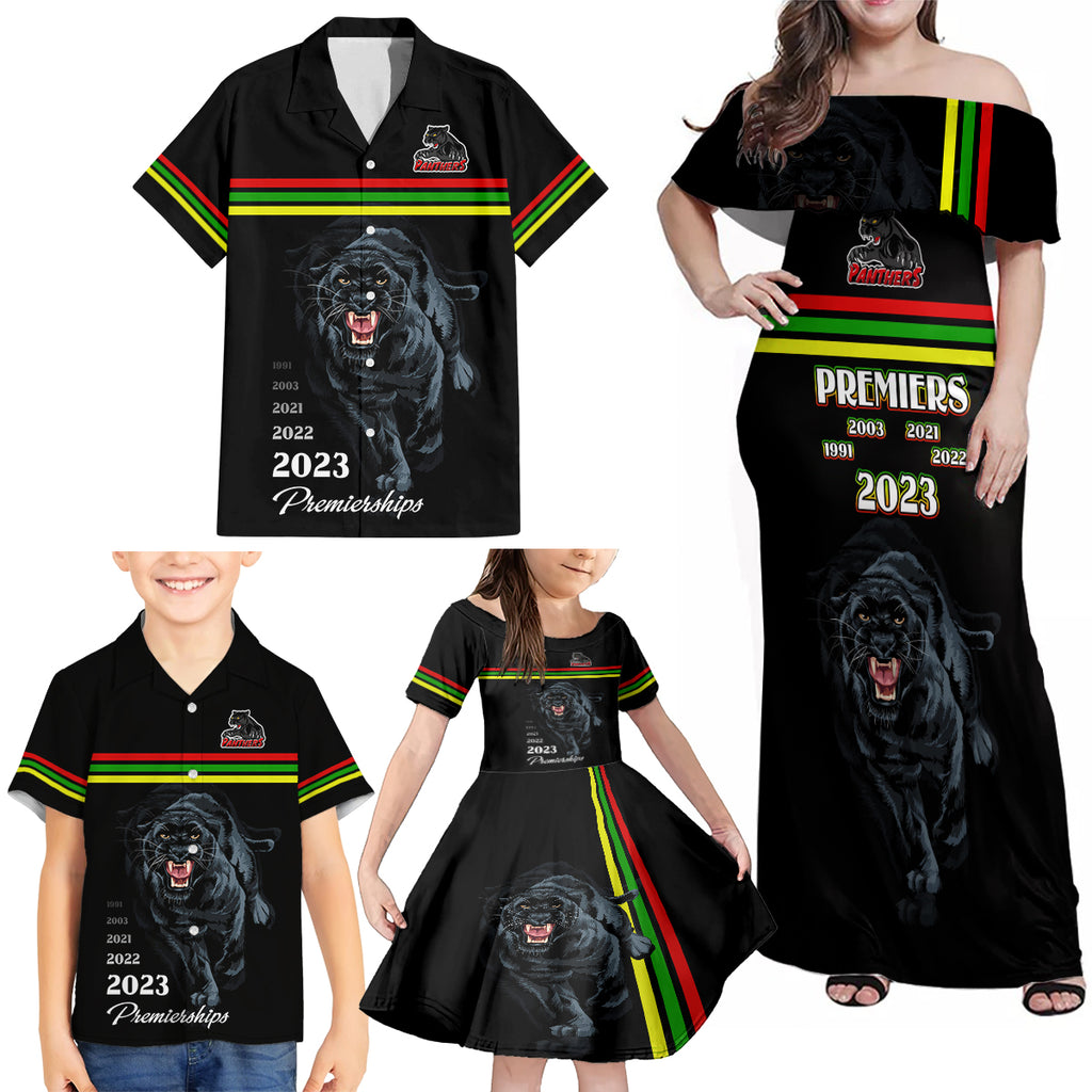panther-premierships-family-matching-off-shoulder-maxi-dress-and-hawaiian-shirt-go-champions-2023-black-simple-style