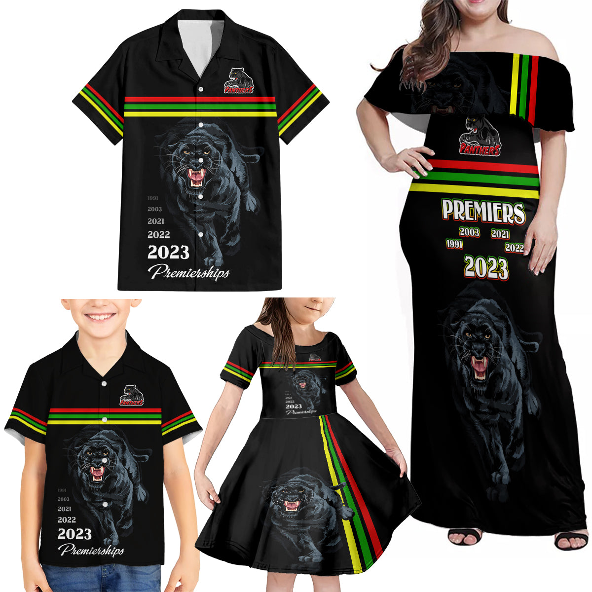 panther-premierships-family-matching-off-shoulder-maxi-dress-and-hawaiian-shirt-go-champions-2023-black-simple-style