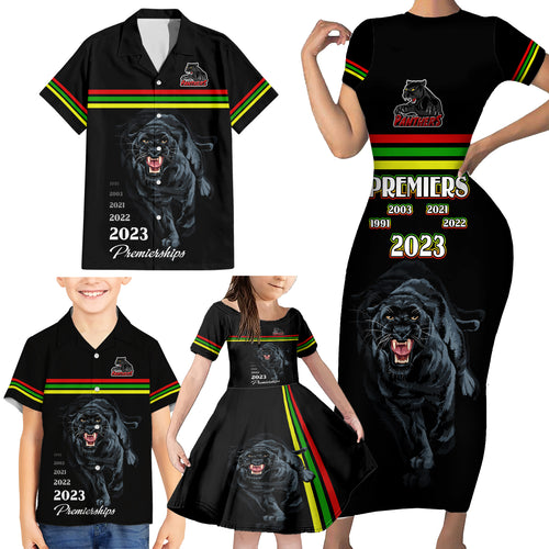 panther-premierships-family-matching-short-sleeve-bodycon-dress-and-hawaiian-shirt-go-champions-2023-black-simple-style