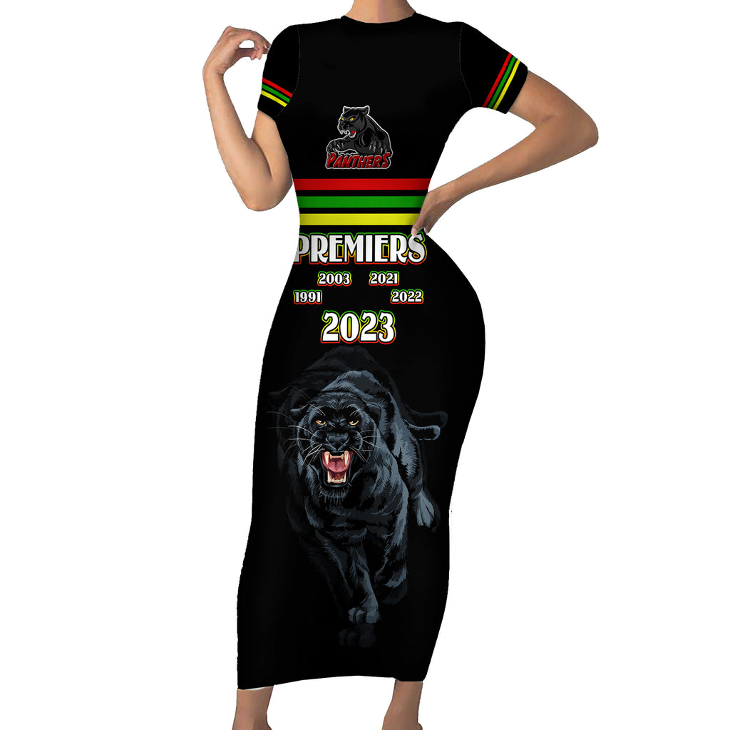 panther-premierships-short-sleeve-bodycon-dress-go-champions-2023-black-simple-style