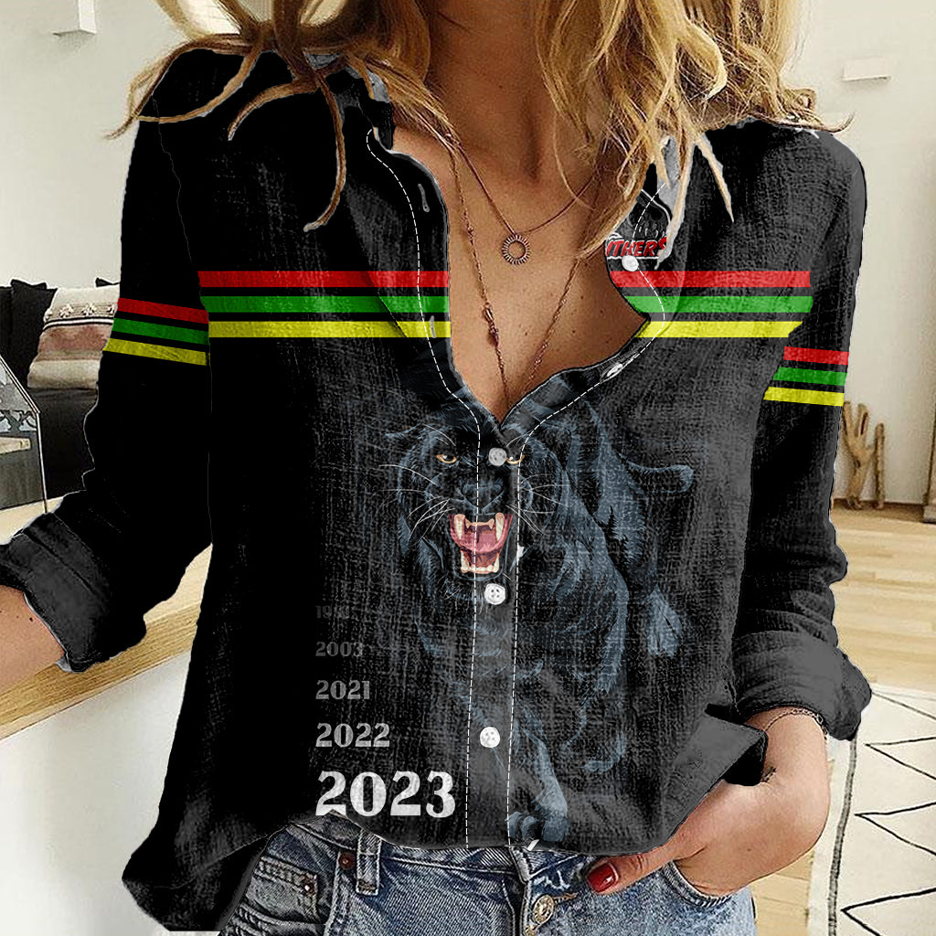 panther-premierships-women-casual-shirt-go-champions-2023-black-simple-style