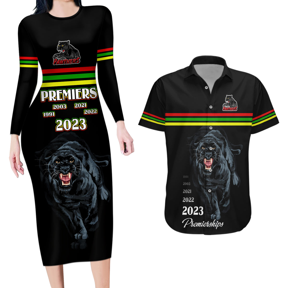 custom-panther-premierships-couples-matching-long-sleeve-bodycon-dress-and-hawaiian-shirt-go-champions-2023-black-simple-style
