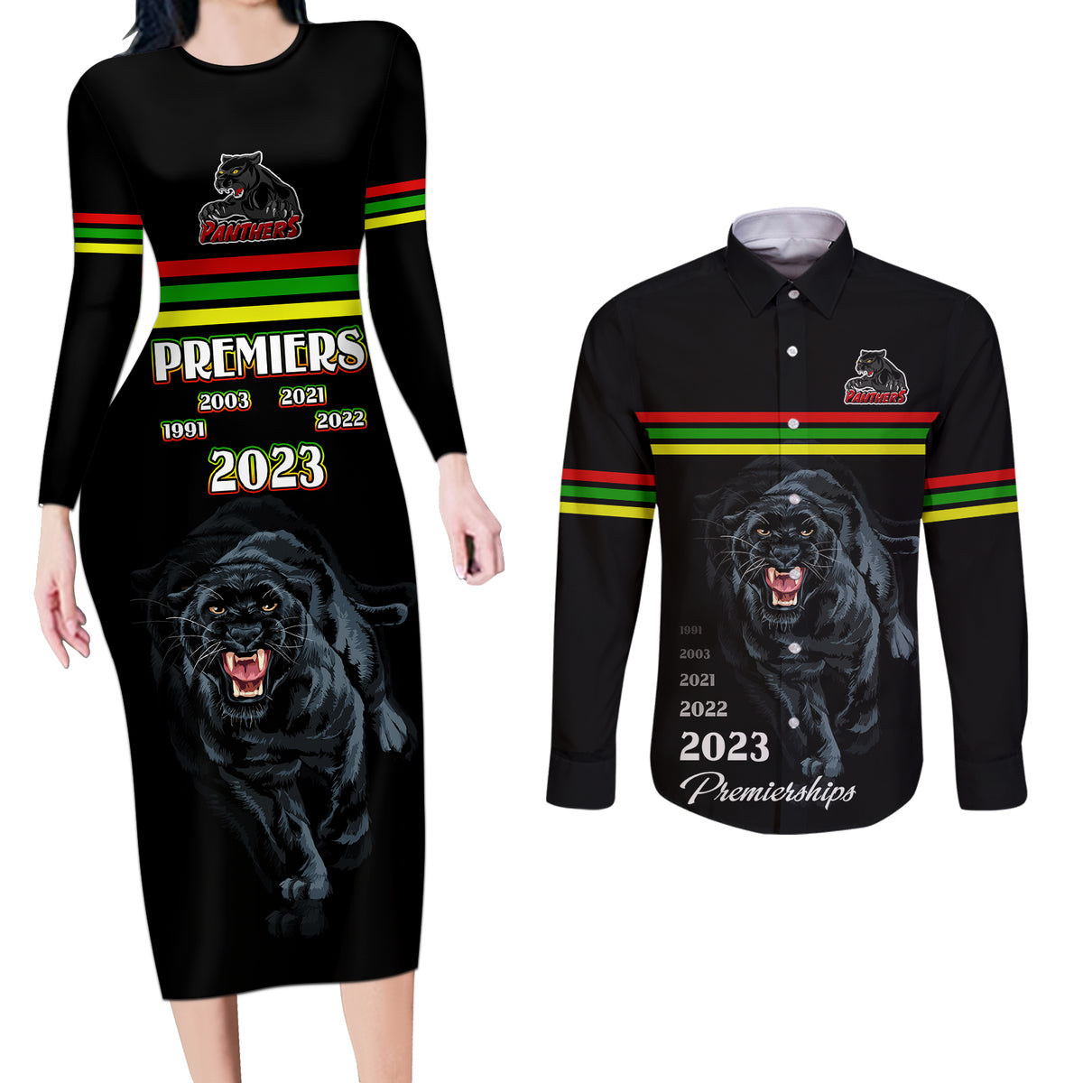 custom-panther-premierships-couples-matching-long-sleeve-bodycon-dress-and-long-sleeve-button-shirts-go-champions-2023-black-simple-style