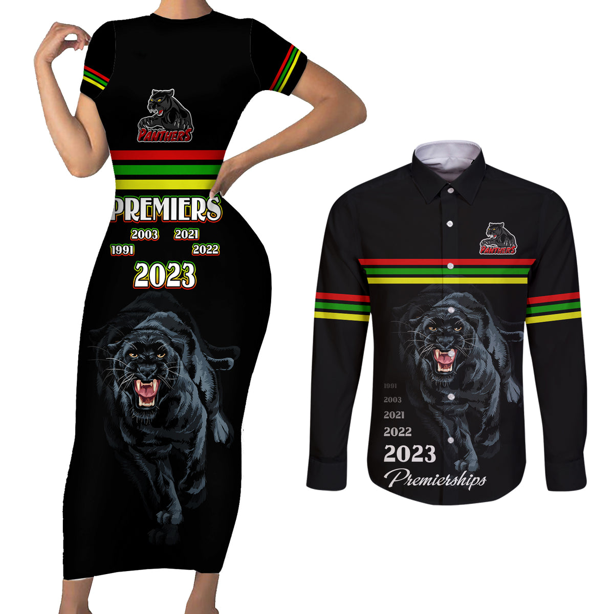custom-panther-premierships-couples-matching-short-sleeve-bodycon-dress-and-long-sleeve-button-shirts-go-champions-2023-black-simple-style