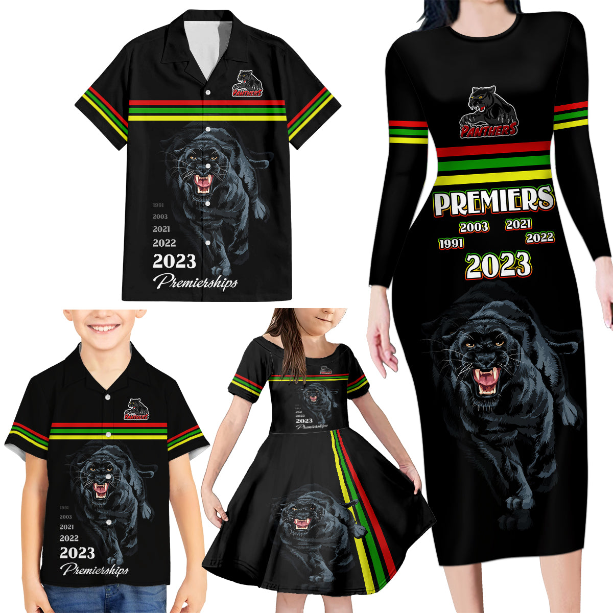 custom-panther-premierships-family-matching-long-sleeve-bodycon-dress-and-hawaiian-shirt-go-champions-2023-black-simple-style