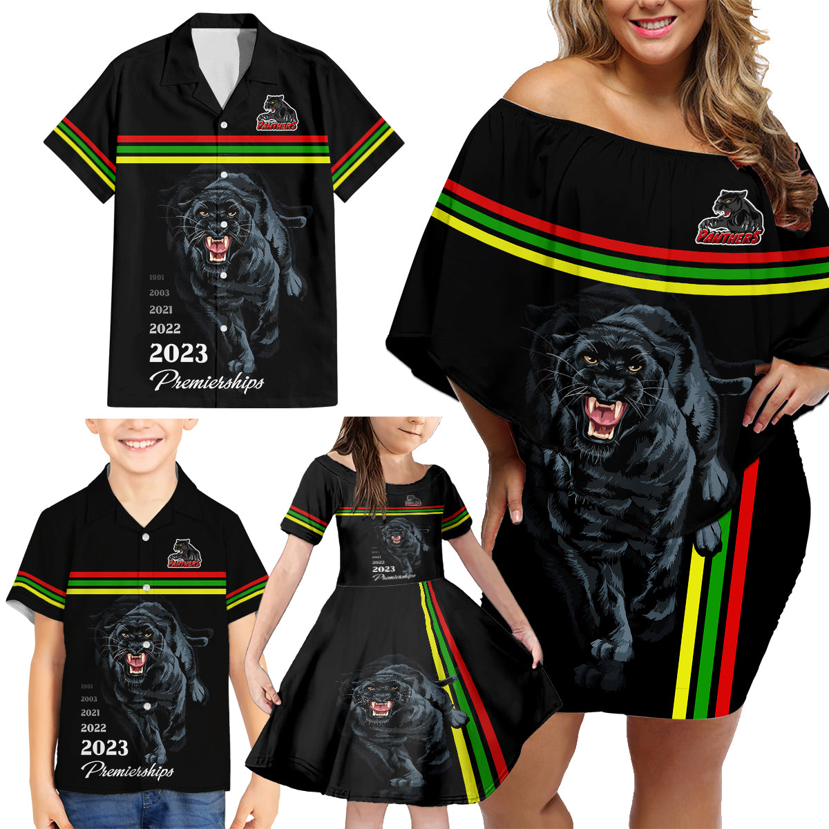 custom-panther-premierships-family-matching-off-shoulder-short-dress-and-hawaiian-shirt-go-champions-2023-black-simple-style
