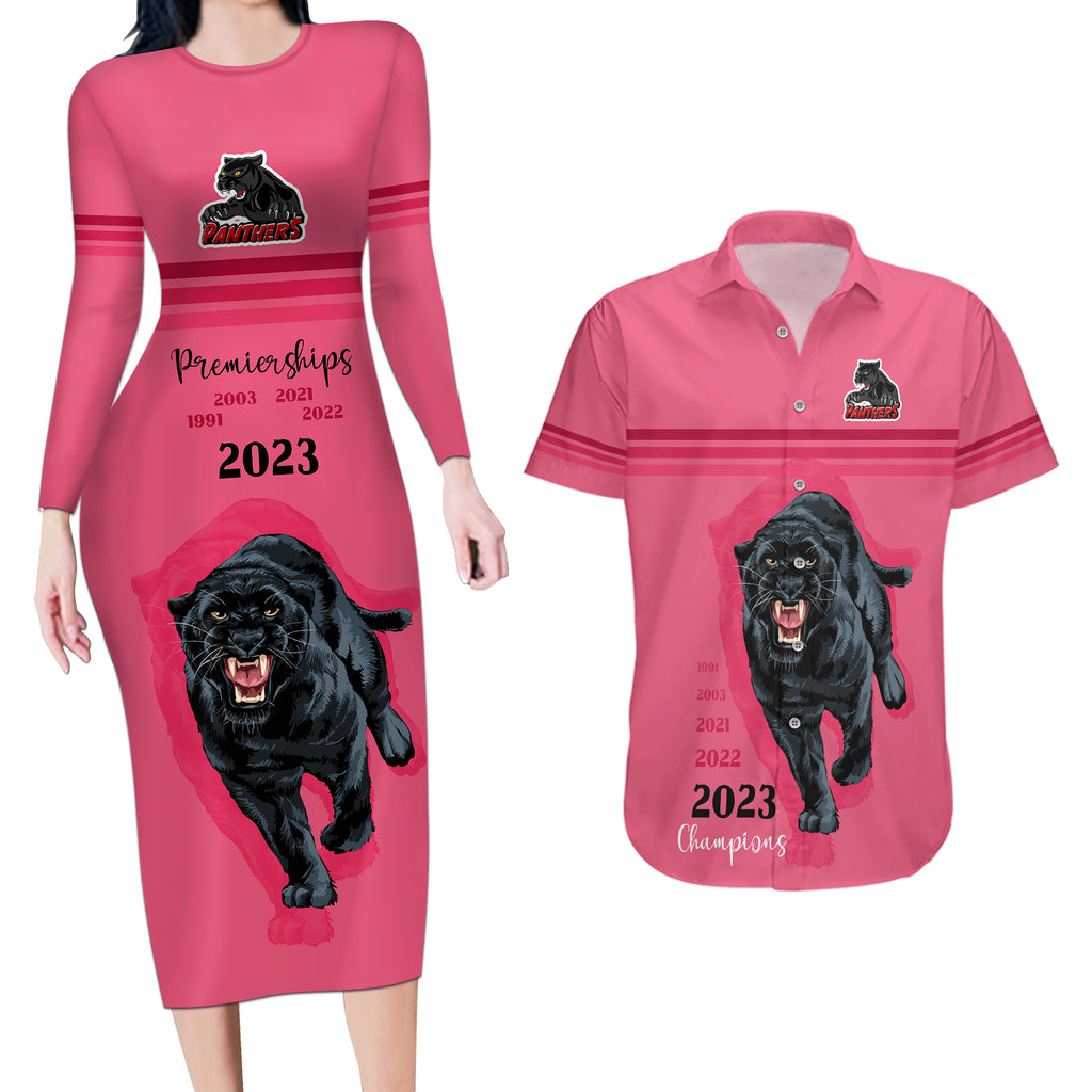 panther-premierships-couples-matching-long-sleeve-bodycon-dress-and-hawaiian-shirt-go-champions-2023-pink-simple-style