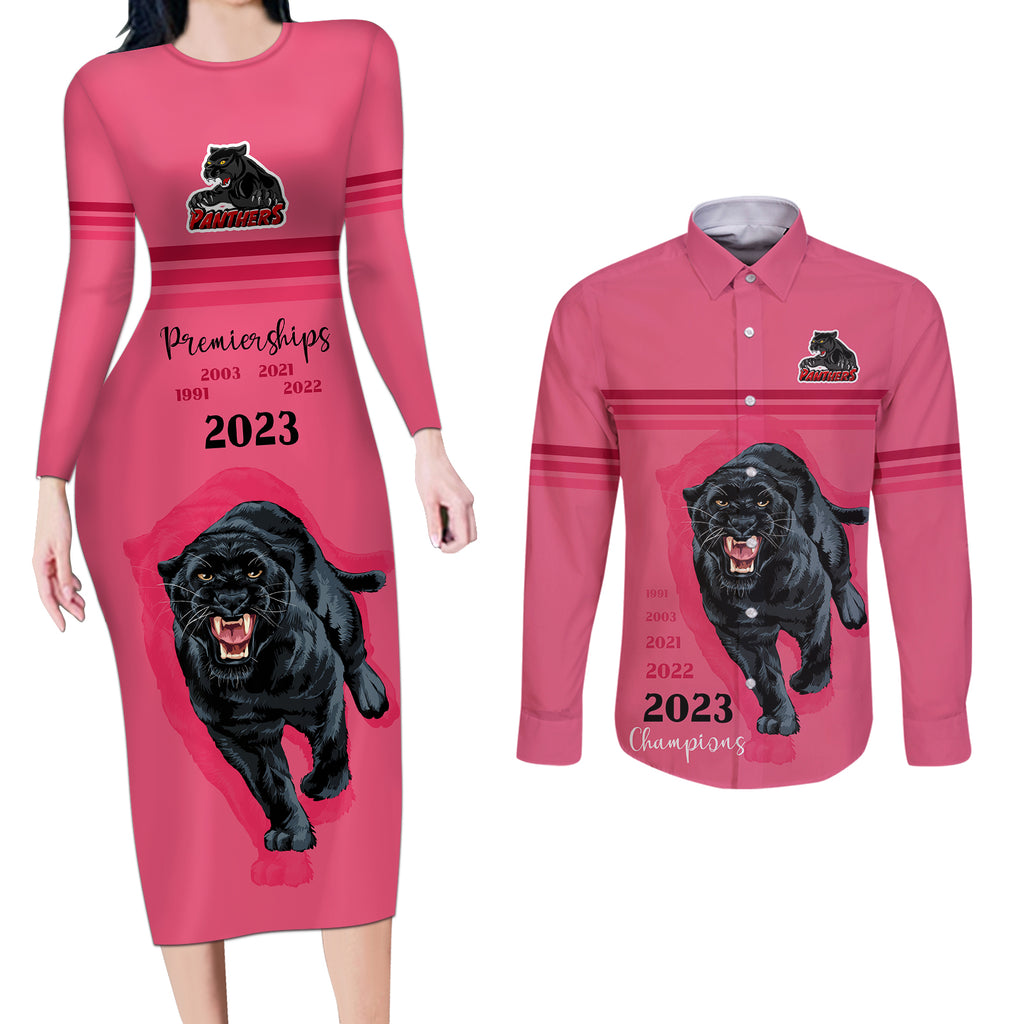 panther-premierships-couples-matching-long-sleeve-bodycon-dress-and-long-sleeve-button-shirts-go-champions-2023-pink-simple-style