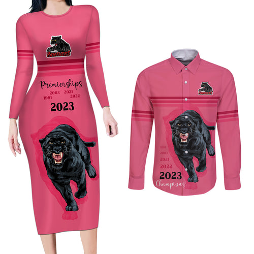 panther-premierships-couples-matching-long-sleeve-bodycon-dress-and-long-sleeve-button-shirts-go-champions-2023-pink-simple-style