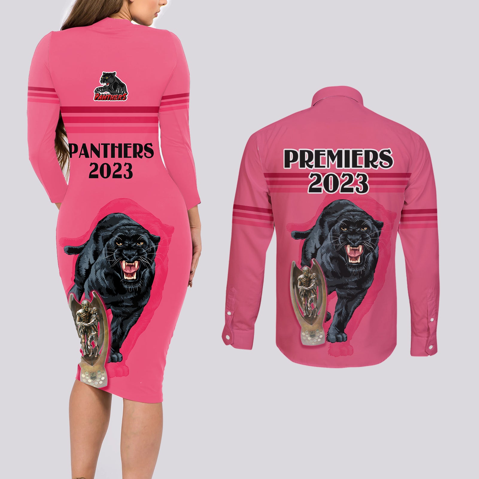 panther-premierships-couples-matching-long-sleeve-bodycon-dress-and-long-sleeve-button-shirts-go-champions-2023-pink-simple-style