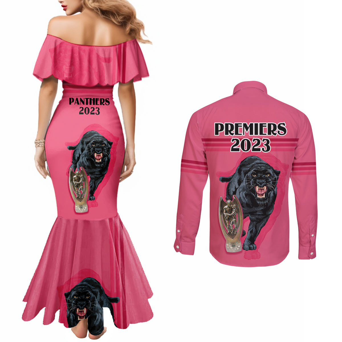 panther-premierships-couples-matching-mermaid-dress-and-long-sleeve-button-shirts-go-champions-2023-pink-simple-style