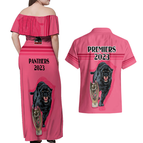panther-premierships-couples-matching-off-shoulder-maxi-dress-and-hawaiian-shirt-go-champions-2023-pink-simple-style