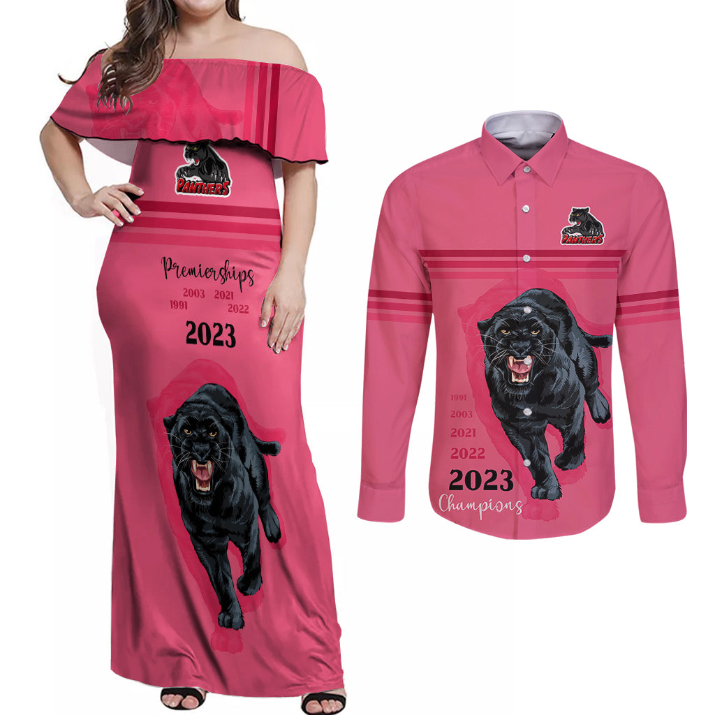 panther-premierships-couples-matching-off-shoulder-maxi-dress-and-long-sleeve-button-shirts-go-champions-2023-pink-simple-style