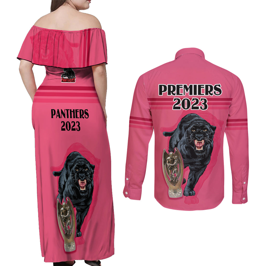 panther-premierships-couples-matching-off-shoulder-maxi-dress-and-long-sleeve-button-shirts-go-champions-2023-pink-simple-style