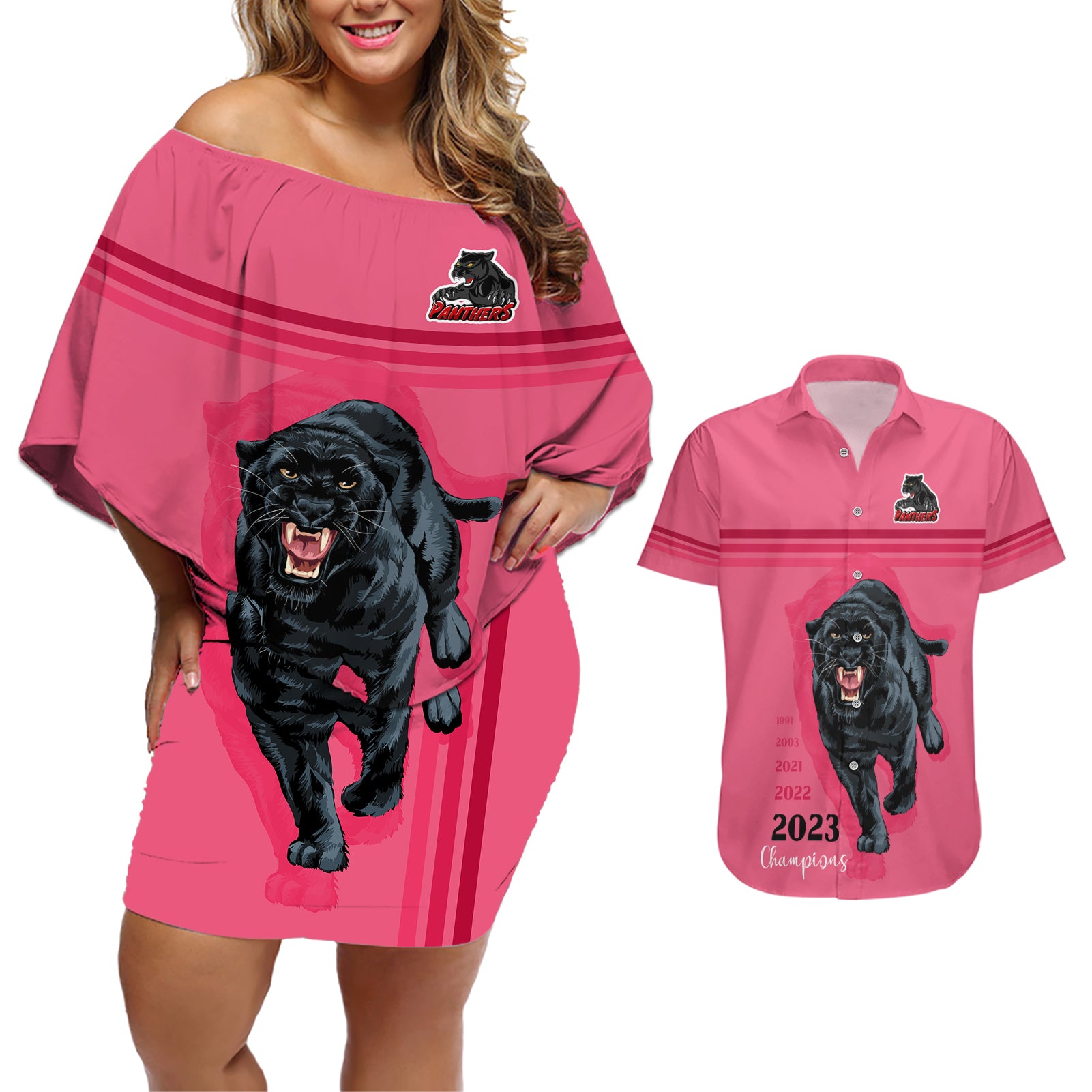 panther-premierships-couples-matching-off-shoulder-short-dress-and-hawaiian-shirt-go-champions-2023-pink-simple-style