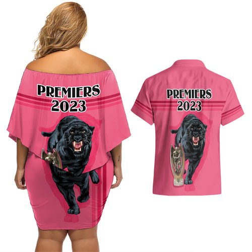 panther-premierships-couples-matching-off-shoulder-short-dress-and-hawaiian-shirt-go-champions-2023-pink-simple-style