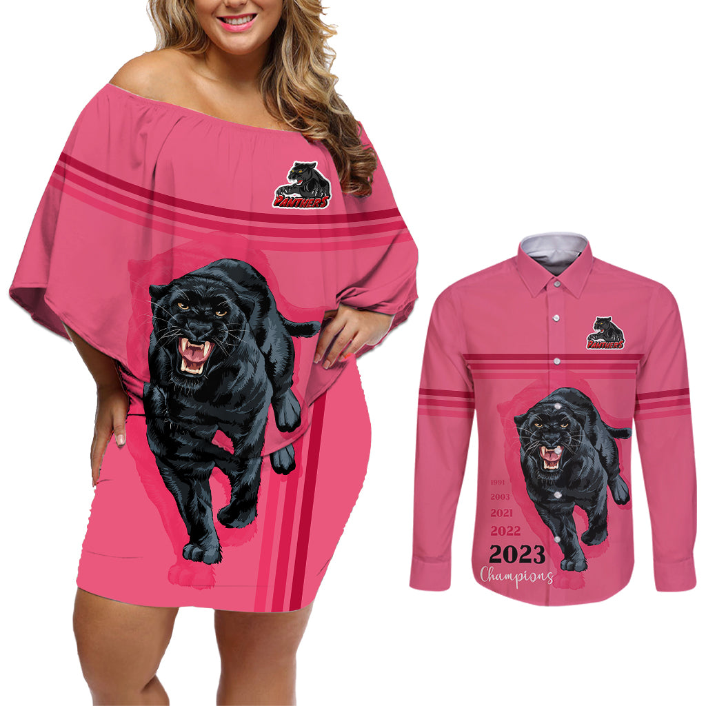 panther-premierships-couples-matching-off-shoulder-short-dress-and-long-sleeve-button-shirts-go-champions-2023-pink-simple-style