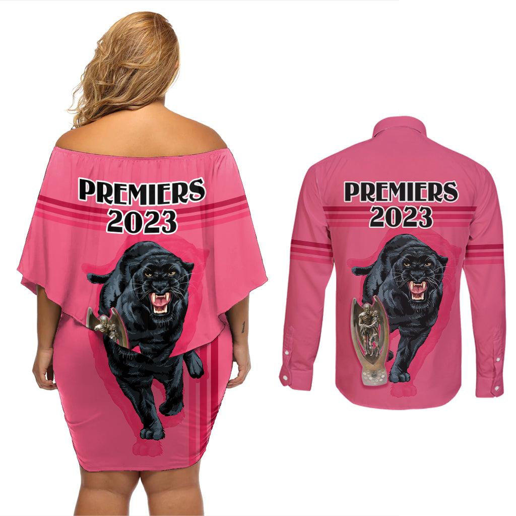 panther-premierships-couples-matching-off-shoulder-short-dress-and-long-sleeve-button-shirts-go-champions-2023-pink-simple-style