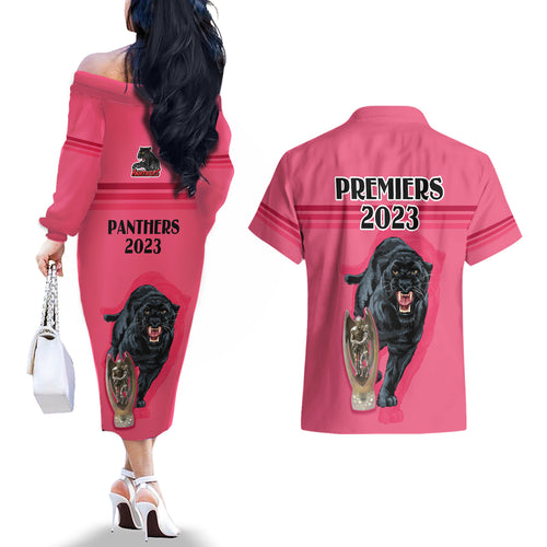 panther-premierships-couples-matching-off-the-shoulder-long-sleeve-dress-and-hawaiian-shirt-go-champions-2023-pink-simple-style