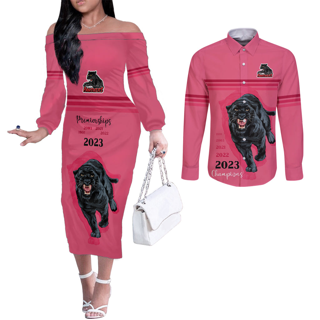 panther-premierships-couples-matching-off-the-shoulder-long-sleeve-dress-and-long-sleeve-button-shirts-go-champions-2023-pink-simple-style